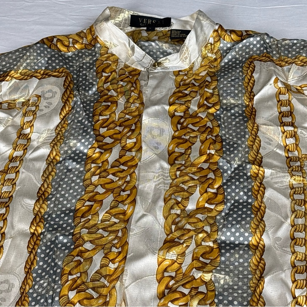 Vintage Versai Men’s Gold Silver Silk Fabric Button Shirt All Over Gold Chain